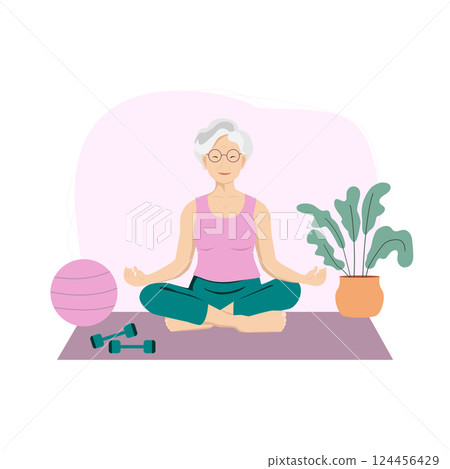 Senior woman doing yoga sitting in lotus position. Grandmother at home training. Active lifestyle, fitness, workout and sports. Elderly character with dumbbells. Flat character vector illustration.  124456429