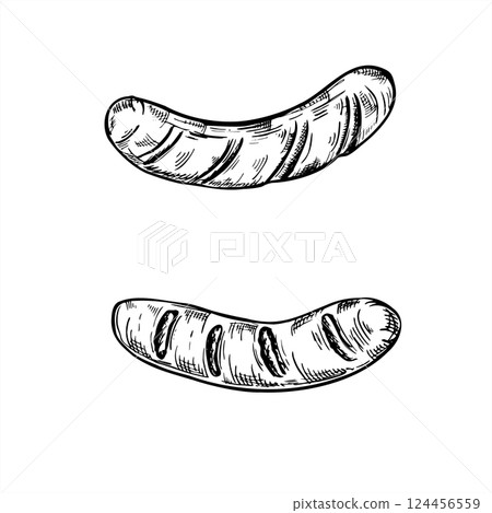 Vector grill sausages monochrome line art set illustration painted by black inks. monochrome bratwurst or chorizo griller for butcher shop branding, BBQ festival posters and meat product packaging Vector grill sausages monochrome line art set illustration painted by black inks. monochrome bratwurst or chorizo griller for butcher shop branding, BBQ festival posters and meat product packaging 124456559
