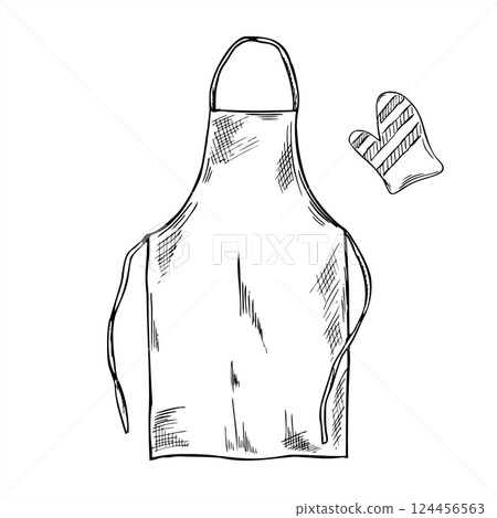 Canvas chef apron with neck tie and oven mitt monochrome vector illustration in black and white. Etching drawing of cooking textile uniform. Kitchen cloth for bakery logos and kitchen merch 124456563