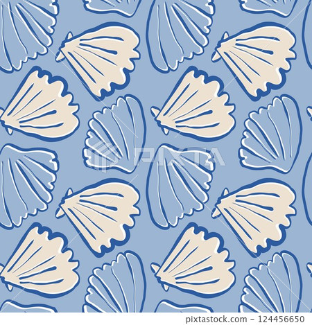 Hand drawn sea shells scallops blue beige seamless pattern in doodle sketchy style on blue background. Line art sea shell vector background 124456650