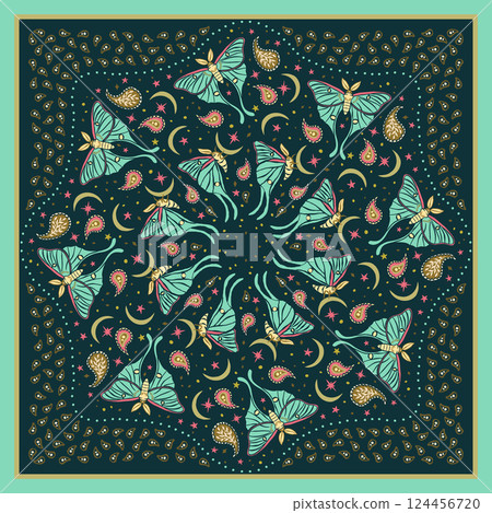 Red and yellow scarf or bandana with luna moths and paisley mandala pattern. Ethnic vibrant carpet design with butterfly Red and yellow scarf or bandana with luna moths and paisley mandala pattern. Ethnic vibrant carpet design with butterfly 124456720
