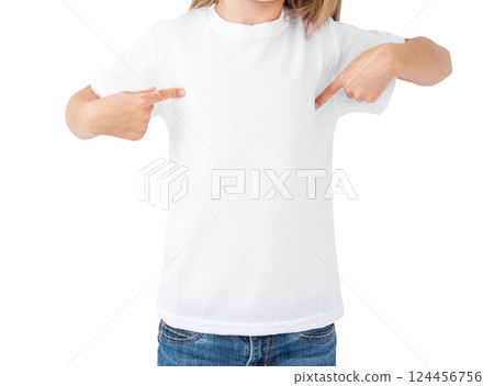Little girl in white blank t-shirt, isolated Little girl in white blank t-shirt, isolated 124456756