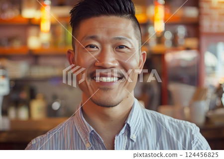 Smiling customer service agent at lively cafe during a busy afternoon shift. Smiling customer service agent at lively cafe during a busy afternoon shift. 124456825