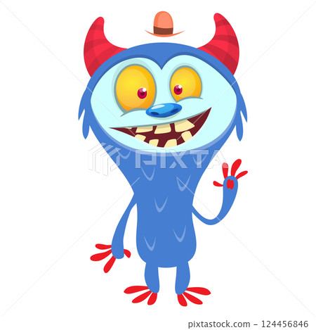 Cartoon cute monster with funny excited face expression waving hands. Vector illustration isolated on white. Halloween design Cartoon cute monster with funny excited face expression waving hands. Vector illustration isolated on white. Halloween design 124456846