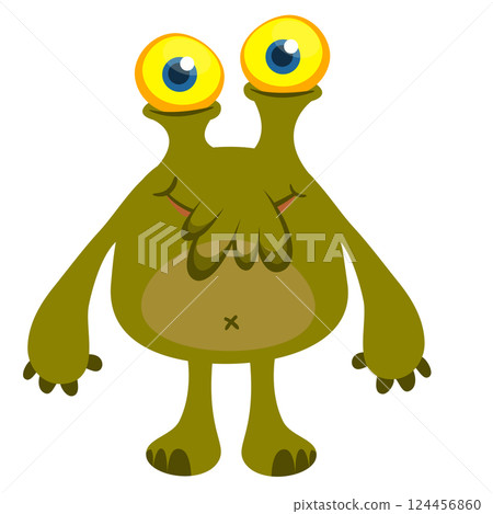 Cartoon cute monster with funny excited face expression waving hands. Vector illustration isolated on white. Halloween design 124456860