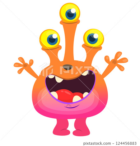 Cartoon cute monster with funny excited face expression waving hands. Vector illustration isolated on white. Halloween design Cartoon cute monster with funny excited face expression waving hands. Vector illustration isolated on white. Halloween design 124456883