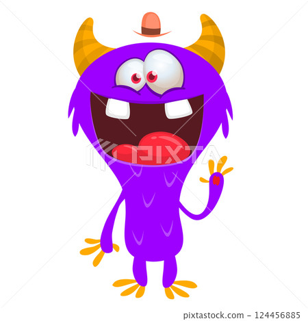 Cartoon cute monster with funny excited face expression waving hands. Vector illustration isolated on white. Halloween design 124456885