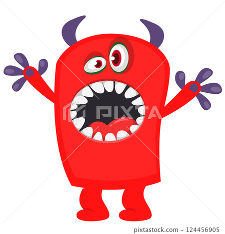 Cartoon cute monster with funny excited face expression waving hands. Vector illustration isolated on white. Halloween design 124456905