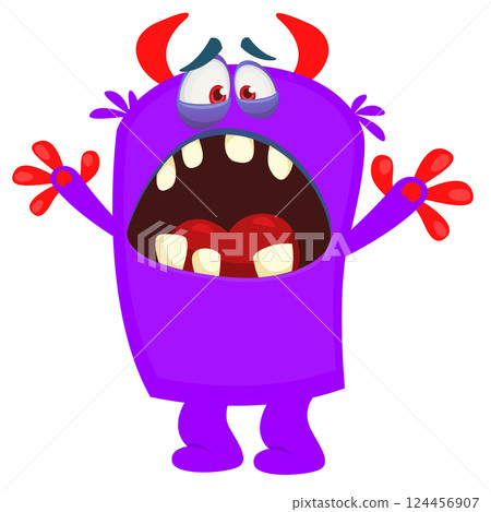 Cartoon cute monster with funny excited face expression waving hands. Vector illustration isolated on white. Halloween design 124456907