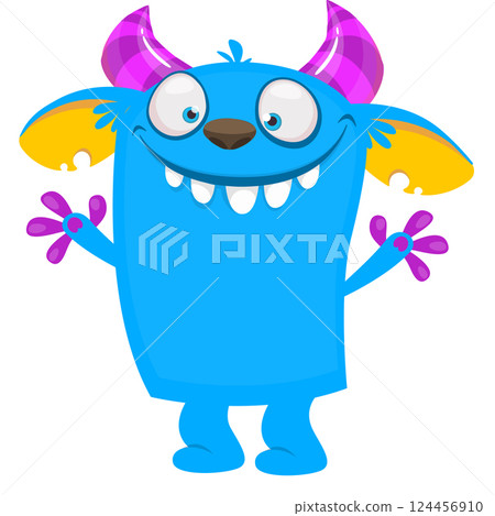Cartoon cute monster with funny excited face expression waving hands. Vector illustration isolated on white. Halloween design Cartoon cute monster with funny excited face expression waving hands. Vector illustration isolated on white. Halloween design 124456910