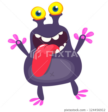 Cartoon cute monster showing long tongue. Vector illustration of alien character. Halloween design 124456912