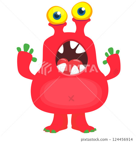 Cartoon cute monster with funny excited face expression waving hands. Vector illustration isolated on white. Halloween design 124456914