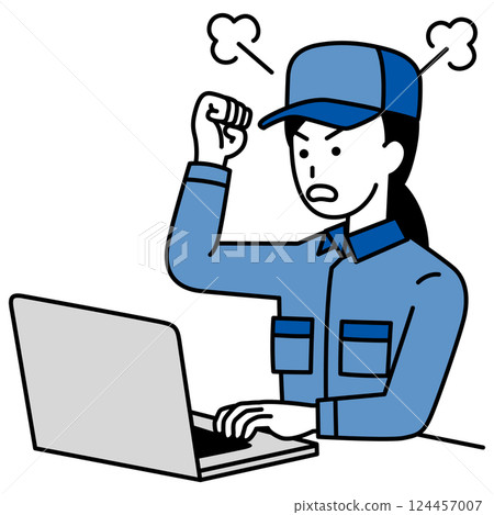 穿著工作服的女人對著筆電螢幕怒目而視 124457007