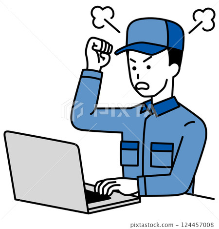 A man in overalls looking angry at a laptop screen 124457008