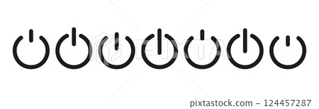 Power button icon with on-off switch symbol, standby mode pictogram, computer shut down and start sign for web or logo. Flat vector illustration isolated on white background. Power button icon with on-off switch symbol, standby mode pictogram, computer shut down and start sign for web or logo. Flat vector illustration isolated on white background. 124457287