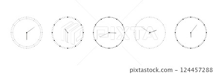Round clock face with stopwatch dial, time meter scale, speedometer marks, and minimal line icon design. Flat vector illustration isolated on white background. 124457288