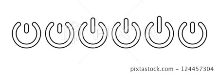 Power button icon with on-off switch symbol, standby mode pictogram, energy control for computer or electric device. Flat vector illustration isolated on white background. Power button icon with on-off switch symbol, standby mode pictogram, energy control for computer or electric device. Flat vector illustration isolated on white background. 124457304
