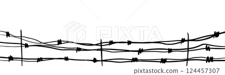 Barbed wire fence silhouette, military trench border wall. Battlefield barrier, prison or jail security element. Army defense vector illustration isolated on white background. 124457307