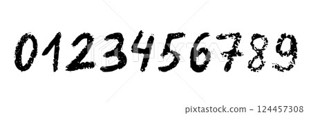 Hand-drawn numbers with brush strokes and spray ink texture, grunge calligraphy font in doodle style. Flat vector illustration isolated on white background. Hand-drawn numbers with brush strokes and spray ink texture, grunge calligraphy font in doodle style. Flat vector illustration isolated on white background. 124457308