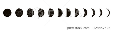 Lunar moon phases with crescent, half, and full cycle, celestial night sky elements, black and white astronomy icon set. Flat vector illustration isolated on white background. 124457326