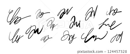 Handwritten signature name sign with random letter forms. Fake autograph for contract or document use. Flat vector illustration isolated on white background. 124457328