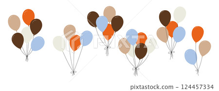Bundle of colorful balloons with strings, floating party decoration in simple doodle style, birthday celebration icon. Flat vector illustration isolated on white background. Bundle of colorful balloons with strings, floating party decoration in simple doodle style, birthday celebration icon. Flat vector illustration isolated on white background. 124457334