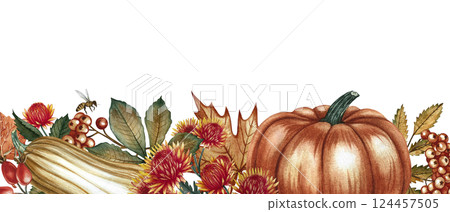 Autumn border frame with pumpkins, flowers, leaves and mountain ash. Handmade watercolor illustration. Color image for autumn holidays, greeting and invitation cards, banners and posters. Autumn border frame with pumpkins, flowers, leaves and mountain ash. Handmade watercolor illustration. Color image for autumn holidays, greeting and invitation cards, banners and posters. 124457505