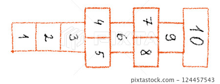 Cartoon hopscotch game with chalk squares, active child playing outside on schoolyard or playground, fun outdoor activity for kids. Flat vector illustration isolated on white background. Cartoon hopscotch game with chalk squares, active child playing outside on schoolyard or playground, fun outdoor activity for kids. Flat vector illustration isolated on white background. 124457543