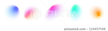 Abstract fluid gradient background with neon glow, soft blur effect, blue and green holographic mesh shapes, liquid 3D design elements. Flat vector illustration isolated on white background. 124457549