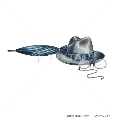Men's grey hat, umbrella and glasses. Handmade watercolor illustration. Color image of men's accessories. Separate from the background. Perfect for banners, flyers, packages, labels, invitations. Men's grey hat, umbrella and glasses. Handmade watercolor illustration. Color image of men's accessories. Separate from the background. Perfect for banners, flyers, packages, labels, invitations. 124457716