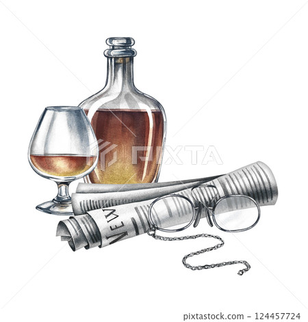 A composition with male attributes. A bottle of cognac with a glass, a newspaper, glasses. Handmade watercolor illustration. Vintage-style color image. For postcards All Men's Day and Father's Day. 124457724