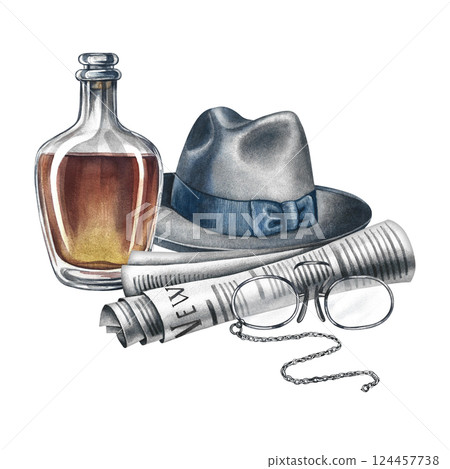 A composition with male attributes. A man's hat, newspaper, glasses and cognac. Handmade watercolor illustration. Vintage-style color image. For postcards, banners, for All Men's Day and Father's Day. 124457738