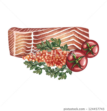 Sliced fillet of red fish with tomatoes, parsley and red caviar. watercolor illustration. hand-drawn. A color image of a fish dish. Great for menus, recipe books, packages, labels. 124457743