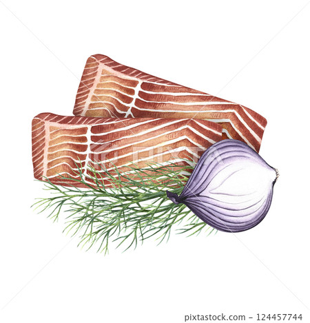 Sliced fillet of red fish with dill and onion. Hand-drawn watercolor illustration. A color image of a fish dish. Separate from the background. For menus, recipe books, packages, labels, invitations. 124457744