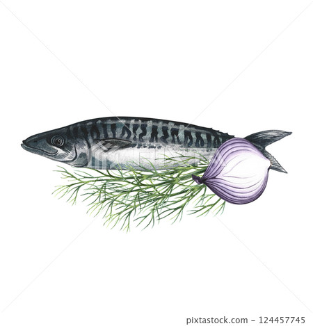 Mackerel with dill and onion. Hand-drawn watercolor illustration.. A color image of a fish dish. Separate from the background. Great for menus, recipe books, packages, labels, invitations. Mackerel with dill and onion. Hand-drawn watercolor illustration.. A color image of a fish dish. Separate from the background. Great for menus, recipe books, packages, labels, invitations. 124457745