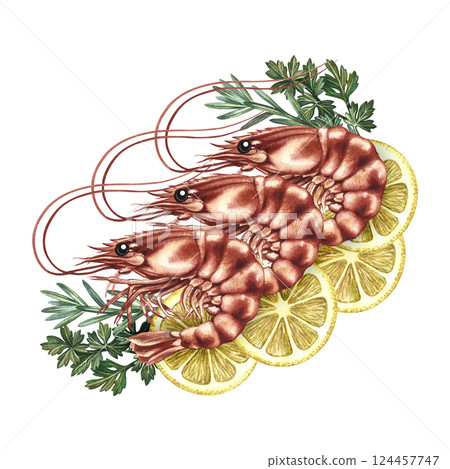 Shrimp with lemon and herbs. Handmade watercolor illustration. A color image of a delicious seafood dish. For menus, recipe books, packages, labels, and invitations. Shrimp with lemon and herbs. Handmade watercolor illustration. A color image of a delicious seafood dish. For menus, recipe books, packages, labels, and invitations. 124457747
