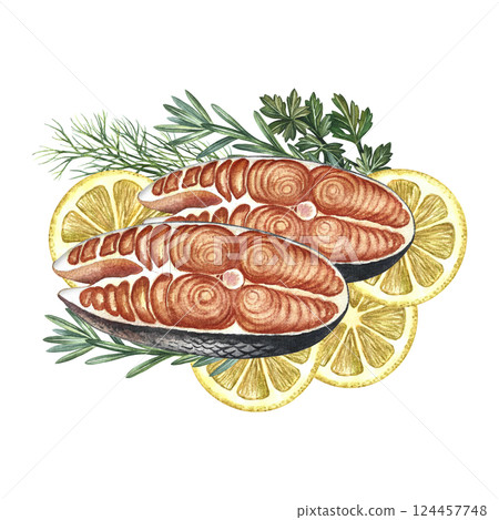 Sliced pieces of red fish with lemon and herbs. Handmade watercolor illustration. A color image of a delicious red fish dish. For menus, recipe books, packages, labels, invitations and banners. Sliced pieces of red fish with lemon and herbs. Handmade watercolor illustration. A color image of a delicious red fish dish. For menus, recipe books, packages, labels, invitations and banners. 124457748