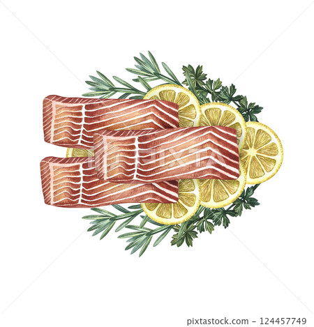 Sliced fillet of red fish with lemon and herbs. Handmade watercolor illustration. A color image of a delicious red fish dish. For menus, recipe books, packages, labels, invitations and banners. 124457749