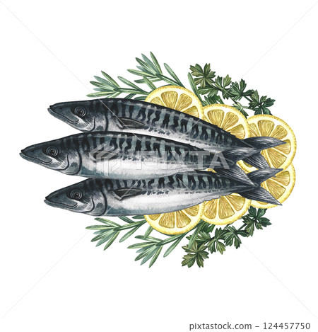 Mackerel with lemon and herbs. A hand-drawn watercolor illustration. A color image of a delicious fish dish. Separate from the background. Perfect for menus, recipe books, packages, labels, invitation 124457750