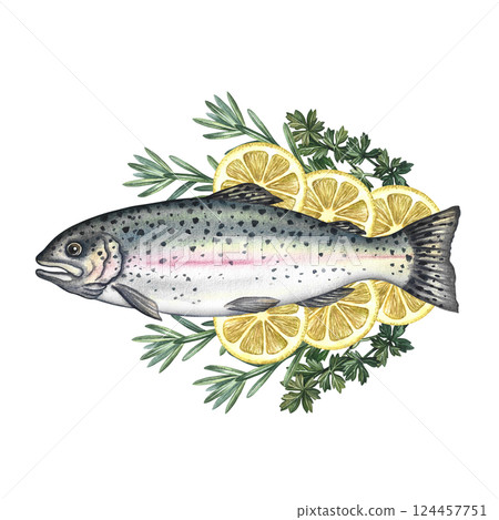 Trout with lemon and herbs. A hand-drawn watercolor illustration. A color image of a delicious fish dish. Separate from the background. Perfect for menus, recipe books, packages, labels, invitations. 124457751