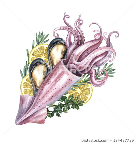 Whole squid with mussels, celery, lemon and rosemary. A hand-drawn watercolor illustration. Color image of seafood. For menus, recipes, packages, labels and invitation flyers. Whole squid with mussels, celery, lemon and rosemary. A hand-drawn watercolor illustration. Color image of seafood. For menus, recipes, packages, labels and invitation flyers. 124457759