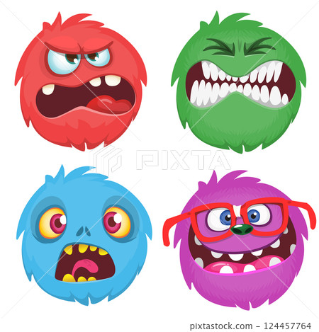Cartoon monster faces set. Vector set of four Halloween monster faces or avatars. Print design of monsters mask for masquerade Cartoon monster faces set. Vector set of four Halloween monster faces or avatars. Print design of monsters mask for masquerade 124457764