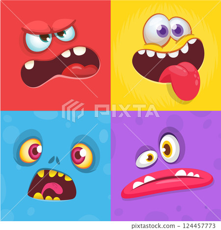 Cartoon monster faces set. Vector set of four Halloween monster faces or avatars. Print design of monsters mask for masquerade Cartoon monster faces set. Vector set of four Halloween monster faces or avatars. Print design of monsters mask for masquerade 124457773