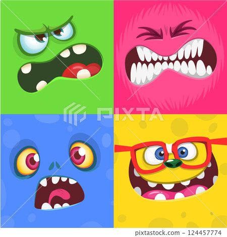 Cartoon monster faces set. Vector set of four Halloween monster faces or avatars. Print design of monsters mask for masquerade 124457774