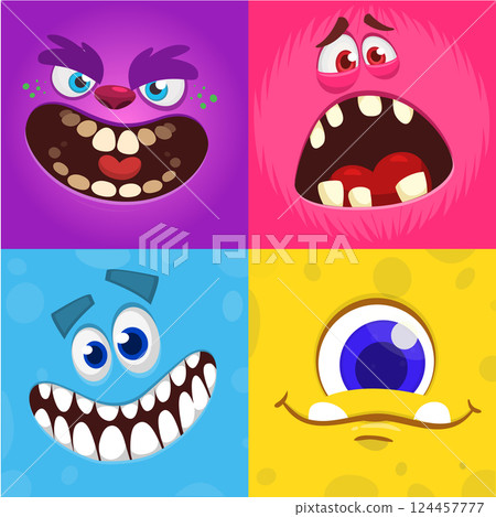 Cartoon monster faces set. Vector collection of four Halloween monster avatars with different face expressions. Isolated Cartoon monster faces set. Vector collection of four Halloween monster avatars with different face expressions. Isolated 124457777