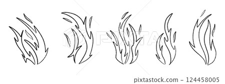 Hand drawn campfire with doodle flames. Retro fire outline and smoke silhouette. Flat vector illustration isolated on white background. 124458005