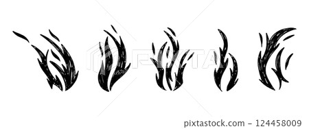 Hand drawn tribal flame with retro rock vibe. Devilish fire sketch in black silhouette. Flat vector illustration isolated on white background. Hand drawn tribal flame with retro rock vibe. Devilish fire sketch in black silhouette. Flat vector illustration isolated on white background. 124458009