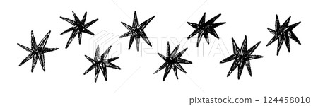 Hand-drawn star and heart icons with crayon, chalk, and scribble strokes. Playful doodle shapes for kids, music, and cartoon designs. Flat vector illustration isolated on white background. Hand-drawn star and heart icons with crayon, chalk, and scribble strokes. Playful doodle shapes for kids, music, and cartoon designs. Flat vector illustration isolated on white background. 124458010