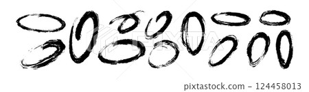 Hand-drawn brush strokes and doodle lines, oval and circular marker highlights, sketchy pen and pencil scribbles for underline or emphasis. Flat vector illustration isolated on white background. Hand-drawn brush strokes and doodle lines, oval and circular marker highlights, sketchy pen and pencil scribbles for underline or emphasis. Flat vector illustration isolated on white background. 124458013