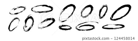 Hand drawn oval and circular doodle lines with brush, pen, and marker strokes. Sketch-style highlights and underlines for emphasis. Flat vector illustration isolated on white background. Hand drawn oval and circular doodle lines with brush, pen, and marker strokes. Sketch-style highlights and underlines for emphasis. Flat vector illustration isolated on white background. 124458014